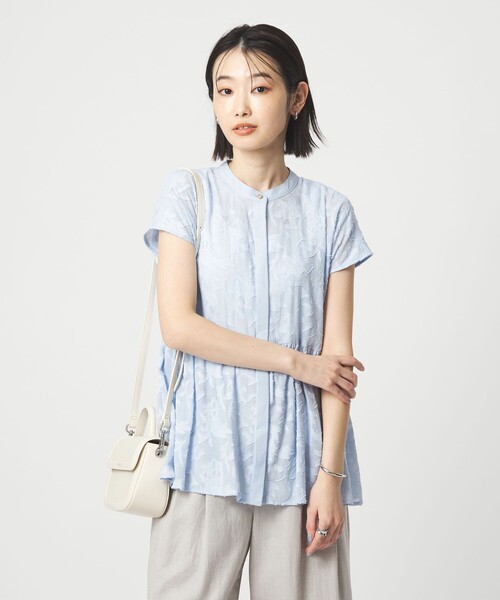 ブラウス シャツ カット ジャガード フレンチスリーブ ブラウス レディースの画像