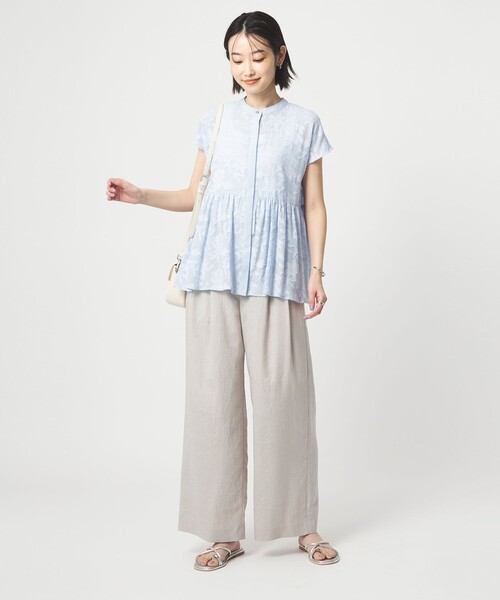 ブラウス シャツ カット ジャガード フレンチスリーブ ブラウス レディースの画像