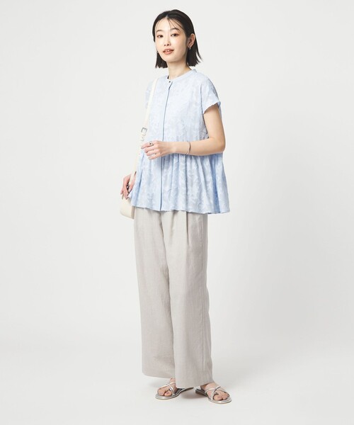 ブラウス シャツ カット ジャガード フレンチスリーブ ブラウス レディースの画像