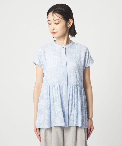 ブラウス シャツ カット ジャガード フレンチスリーブ ブラウス レディースの画像