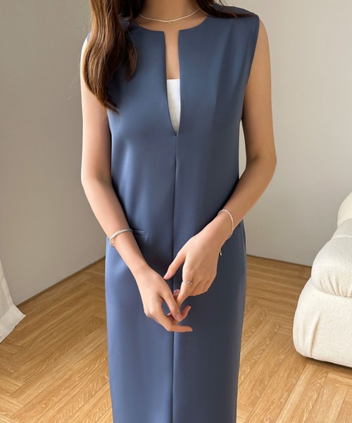 「ECLIN」 ノースリーブワンピース M ベージュ レディース_画像9