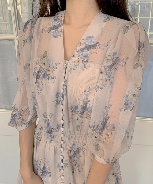 Leja ワンピース 【LEJA】Vネック花柄透け感ロングワンピース