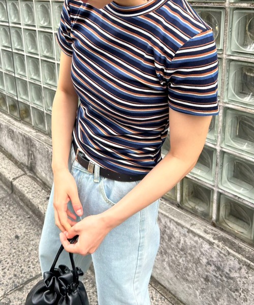 オブリ♡ボーダートップス tシャツ リブコンパクトボーダートップス レディース : ZOZOTOWN Yahoo