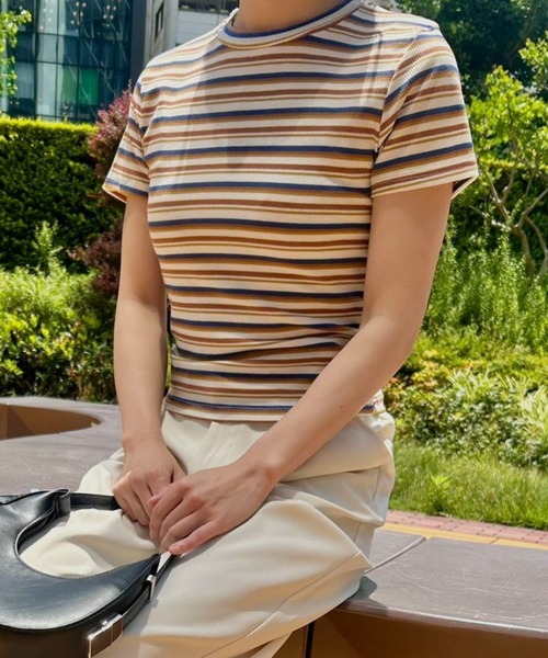 夏にぴったり❤️ゆったりボーダートップス お出かけデートにも最適！ tシャツ リブコンパクトボーダートップス レディース : ZOZOTOWN