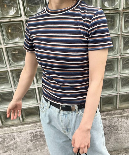 tシャツ リブコンパクトボーダートップス レディース : ZOZOTOWN