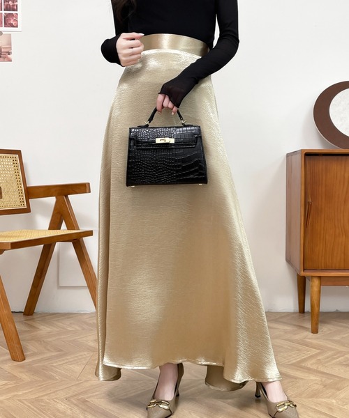 ABITOKYO スカート バックスリットハイウエストサテンフレア
