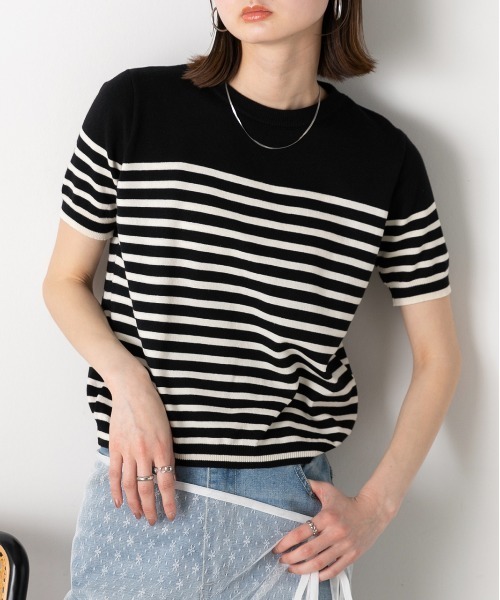 Theory ボーダー 半袖ニット ad thie（アドティエ） ニット セーター カラーボーダー 半袖ニット