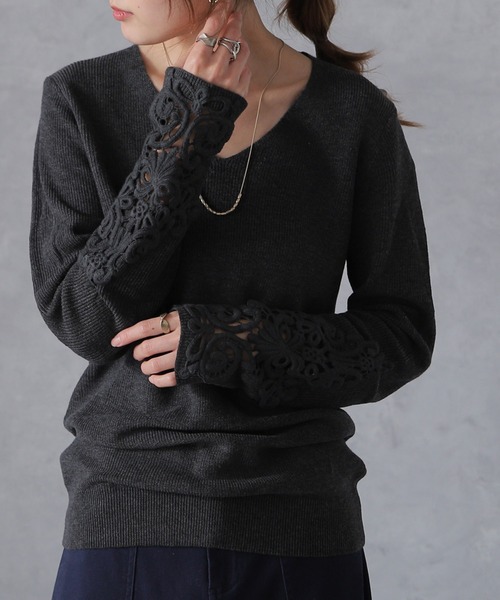 HUG.U（ハグユー） ニット セーター 華やか袖レースニット レディース