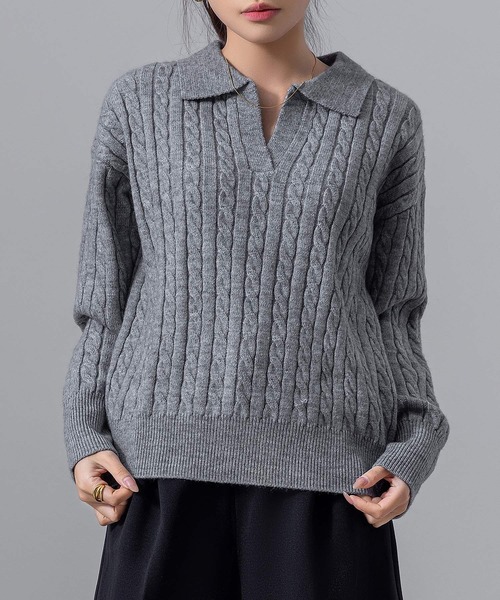 DAY CLOSET ニット セーター 長袖 もちっと柔らか ケーブル×リブ編み