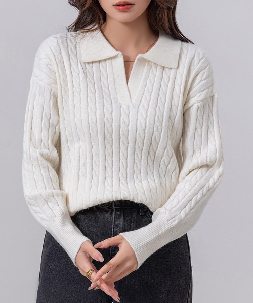 DAY CLOSET ニット セーター 長袖 もちっと柔らか ケーブル×リブ編み