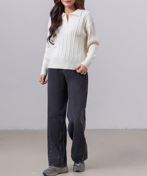 DAY CLOSET ニット セーター 長袖 もちっと柔らか ケーブル×リブ編み