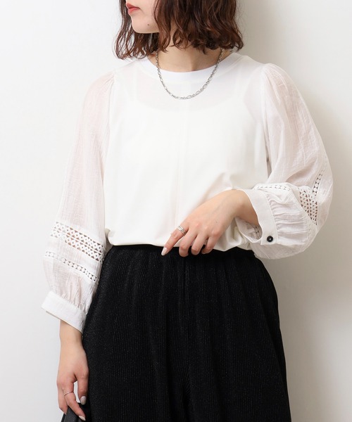 tシャツ EGLANTINE 袖レース 素材切り替え 長袖カットソー レディース