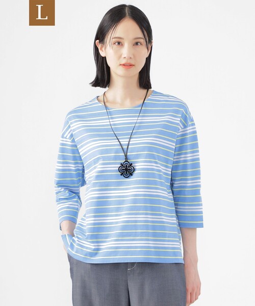 tシャツ 「L」「ウォッシャブル」ジャカードボーダーシルケット　プルオーバー レディース