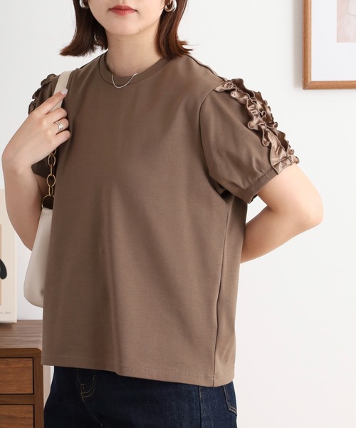 tシャツ EGLANTINE 袖フリル付半袖カットソー レディース