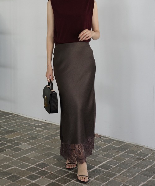 ★新品未使用★サテンレーススカート　GIUNON スリット付き GIUNON スカート crushed satin lace skirt / クラッシュサテン