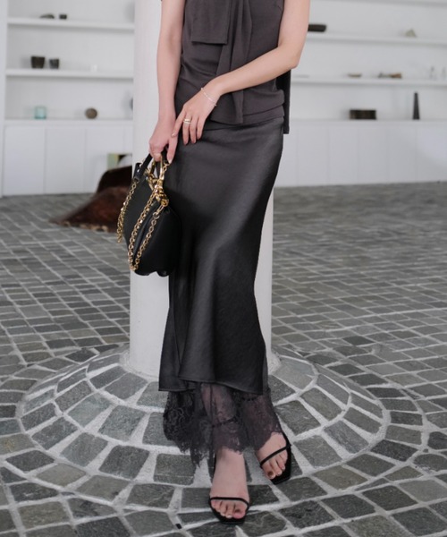 ★新品未使用★サテンレーススカート　GIUNON スリット付き GIUNON スカート crushed satin lace skirt / クラッシュサテン