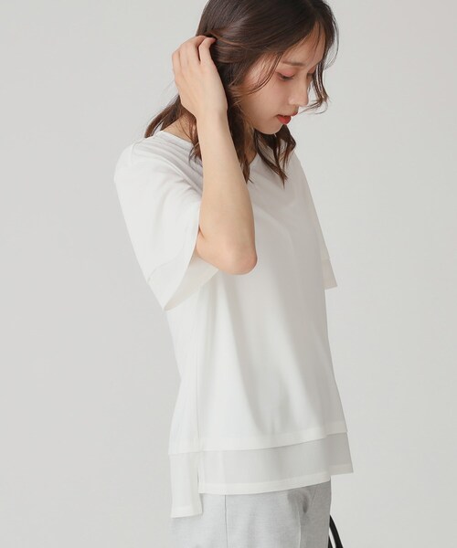 tシャツ 「手洗い可／接触冷感／日本製」シアーストライプ使いのジャージトップス レディース