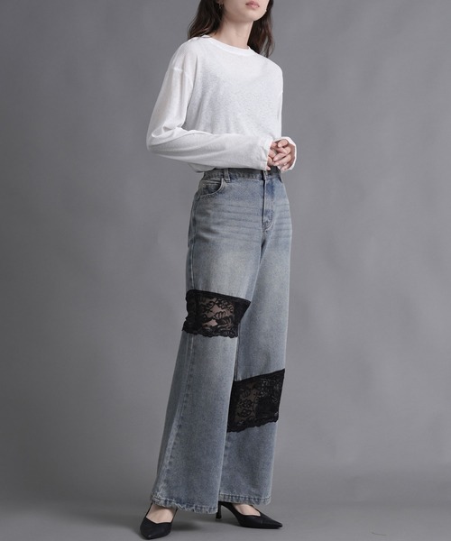 WORKS ワイドパンツ ジーンズ デニム デニムパンツ レース左右アシメ