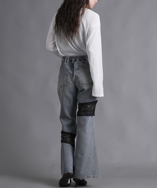 WORKS ワイドパンツ ジーンズ デニム デニムパンツ レース左右アシメ