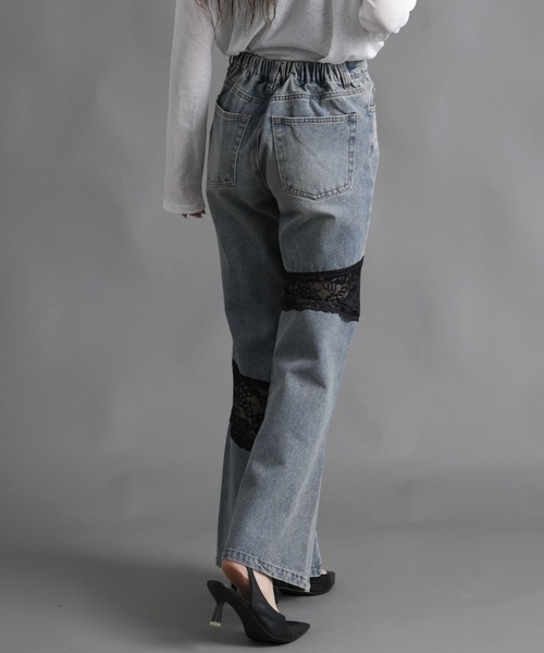 WORKS ワイドパンツ ジーンズ デニム デニムパンツ レース左右アシメ