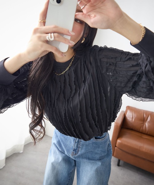 フリル付き黒長袖Tシャツ tシャツ フリルTシャツ（長袖) レディース : ZOZOTOWN Yahoo!店 - 通販