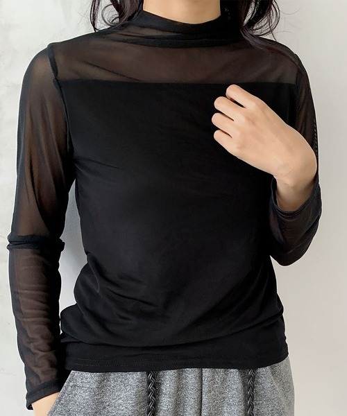LOWO tシャツ シアーカットソー 長袖 レディース きれいめ ハイネック
