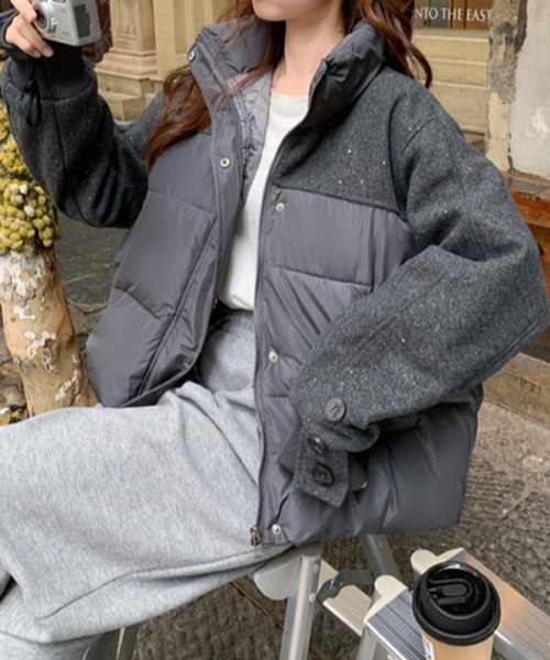 Diosfront ブルゾン アウター 異素材ニットメルトン切替中綿ジャケット