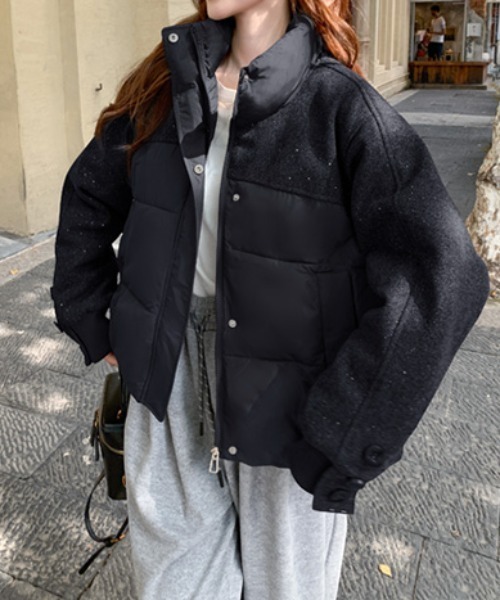 Diosfront ブルゾン アウター 異素材ニットメルトン切替中綿ジャケット