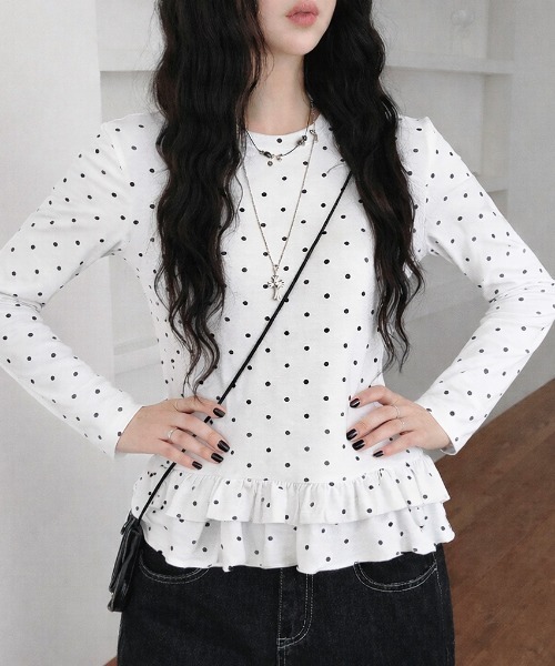SHEENA（シーナ） tシャツ ソフトタッチドットフリルトップス