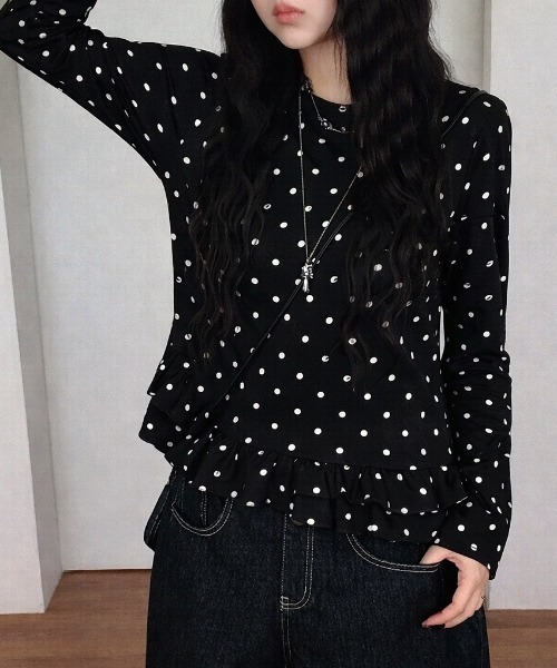 SHEENA（シーナ） tシャツ ソフトタッチドットフリルトップス