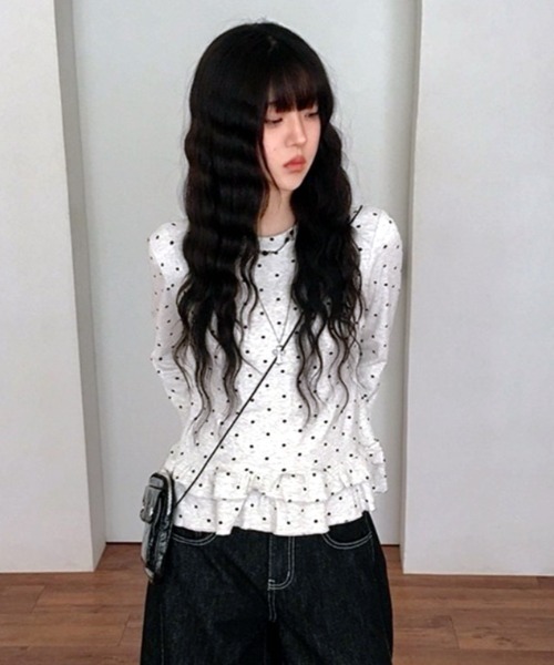 【NAOさま】シェリエ＊ステッチフリルトップス＊ブラック＊ドット ドットジャカード・フリルブラウス/DoCLASSE トップス