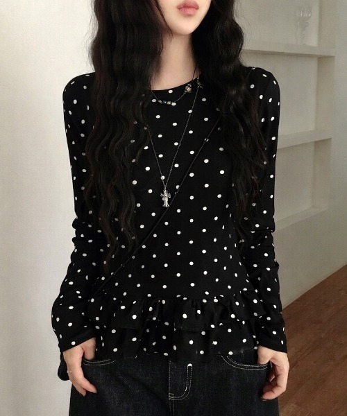 【NAOさま】シェリエ＊ステッチフリルトップス＊ブラック＊ドット MOUSSY | FLOWER PATTERN フリルトップス (シャツ・ブラウス ) |SHEL トップス