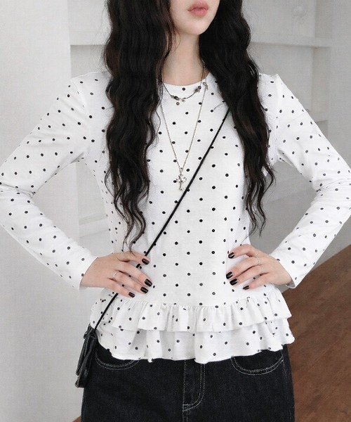 SHEENA（シーナ） tシャツ ソフトタッチドットフリルトップス
