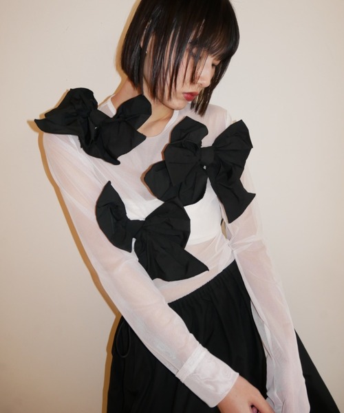 HONEY MI HONEY（ハニーミーハニー） tシャツ taffeta ribbon sheer
