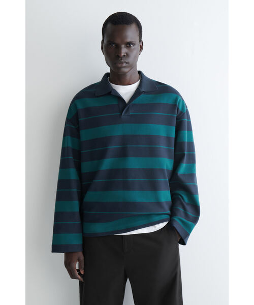 COS ネイビー 長袖ニットポロシャツ MINIMAL KNITTED POLO SHIRT ミニマルニットポロシャツ ネイビー｜COS