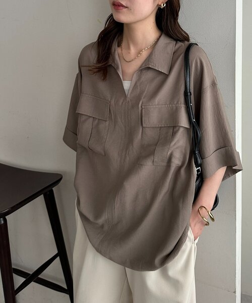 レディース yuni リネン 麻100% ノーカラー スキッパー シャツ 