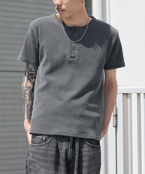 ROOP TOKYO tシャツ ピグメント加工ワッフルジャストフィットヘンリー
