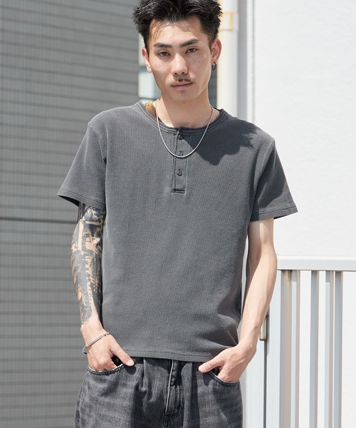 ROOP TOKYO tシャツ ピグメント加工ワッフルジャストフィットヘンリー