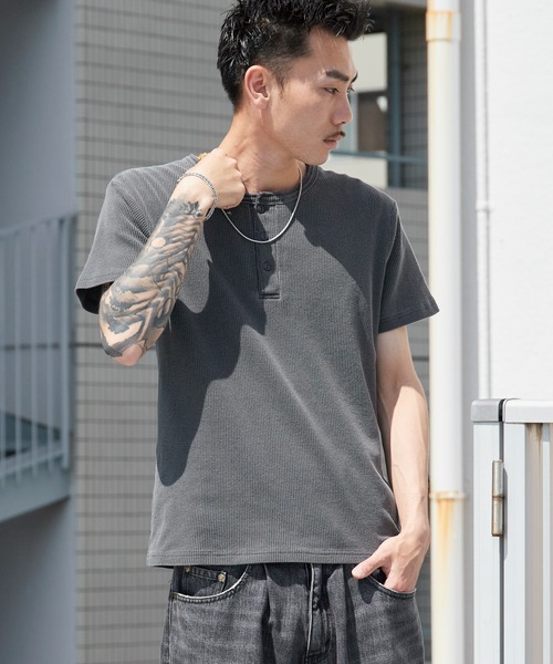 ROOP TOKYO ヘンリーネック tシャツ ピグメント加工ワッフルジャスト