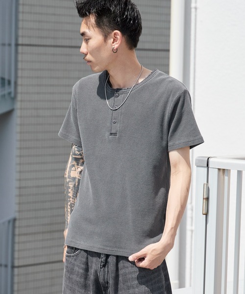 ROOP TOKYO ヘンリーネック tシャツ ピグメント加工ワッフルジャスト