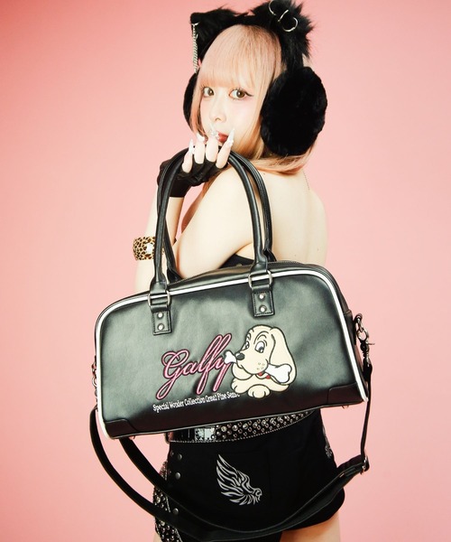 【極美品】ガルフィー レザーボストンバッグ 2way 犬ロゴ GALFY（ガルフィー） ボストンバッグ プチ家出BAG/犬ロゴ刺繍フェイク
