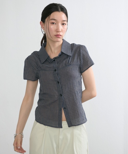 NUJOH ブラウス シャツ 半袖 Gingham Puff Sleeve Shirt / ギンガム
