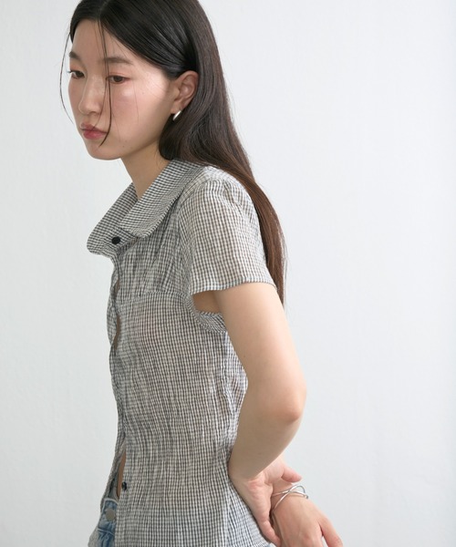 NUJOH ブラウス シャツ 半袖 Gingham Puff Sleeve Shirt / ギンガム
