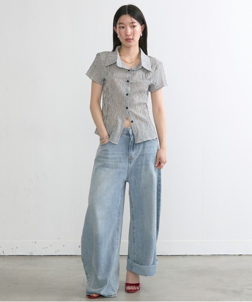 NUJOH ブラウス シャツ 半袖 Gingham Puff Sleeve Shirt / ギンガム