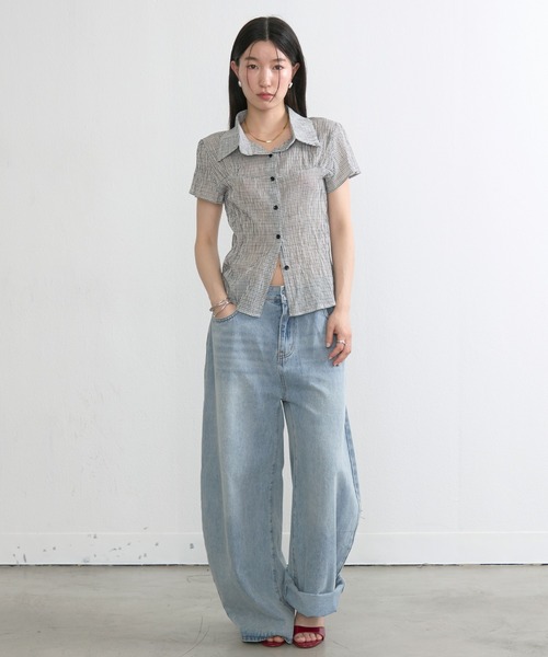 NUJOH ブラウス シャツ 半袖 Gingham Puff Sleeve Shirt / ギンガム