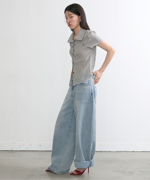 NUJOH ブラウス シャツ 半袖 Gingham Puff Sleeve Shirt / ギンガム