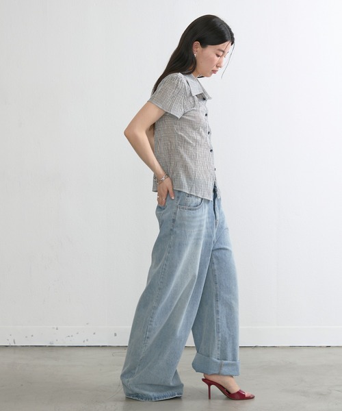 NUJOH ブラウス シャツ 半袖 Gingham Puff Sleeve Shirt / ギンガム