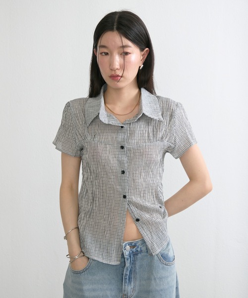 NUJOH ブラウス シャツ 半袖 Gingham Puff Sleeve Shirt / ギンガム