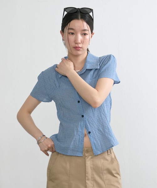 NUJOH ブラウス シャツ 半袖 Gingham Puff Sleeve Shirt / ギンガム