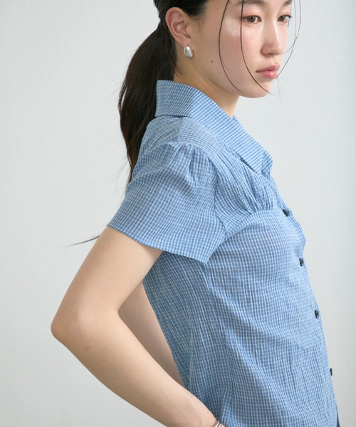 NUJOH ブラウス シャツ 半袖 Gingham Puff Sleeve Shirt / ギンガム